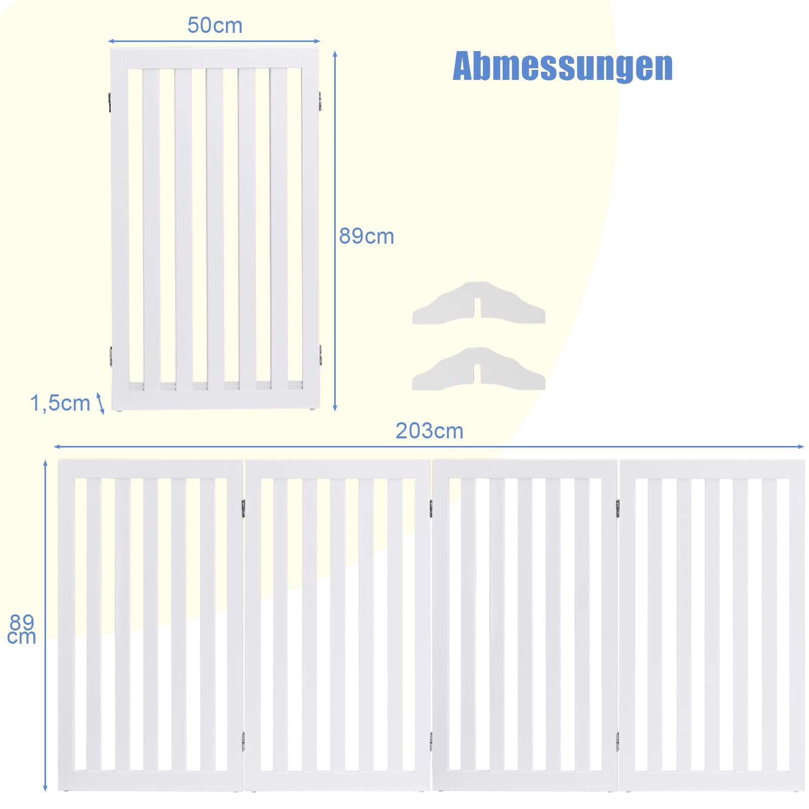SOARS Barrera para perros, plegable y independiente, rejilla protectora para puertas y escaleras, para mascotas pequeñas y medianas, color blanco (203 x 89 cm)
