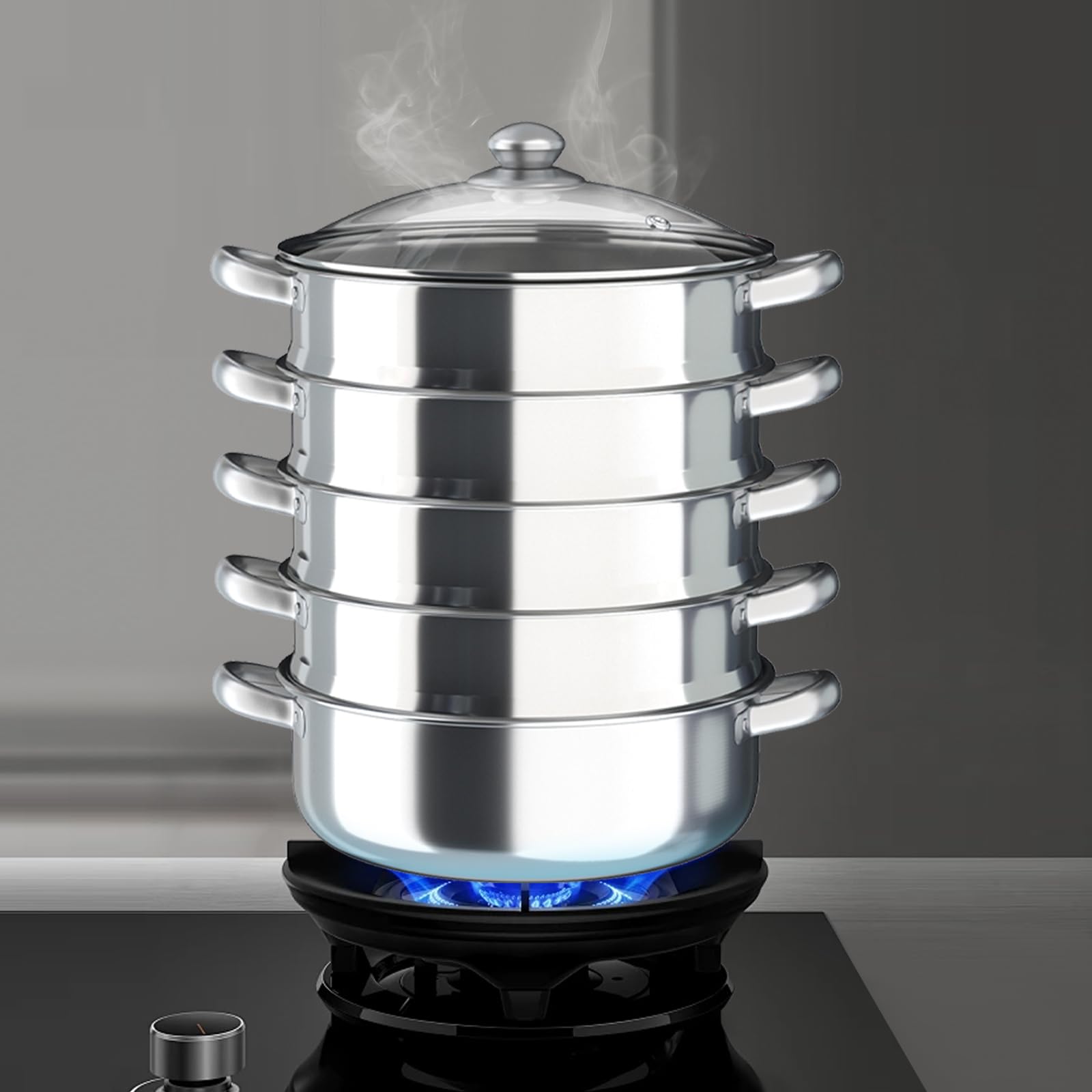 Vaporera de acero inoxidable de 30 cm, 5 capas, vaporizador de sopa de diseño poroso, vaporera de carne y verduras para la cocina del hogar, tapa de cristal de 32 x 40 cm, olla de vapor para cocinar