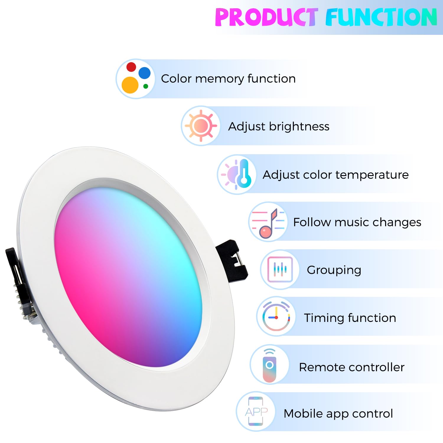 Downlight LED Techo Empotrable Inteligente 10W 230V, Colores RGB+blanco cálido Smart Foco Empotrable LED Techo Bluetooth, APP Control,Ф90-100mm, para cocina, Salón, 6 Pack