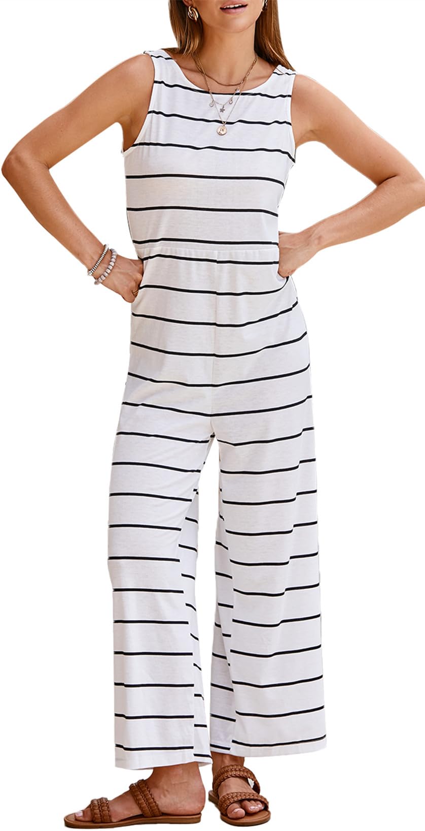 Photo 1 of BLENCOT Sleeveless Jumpsuits For Women Summer Wide Leg Striped Stretchy Casual Tank Long Romper Beach Baggy Overalls Large White