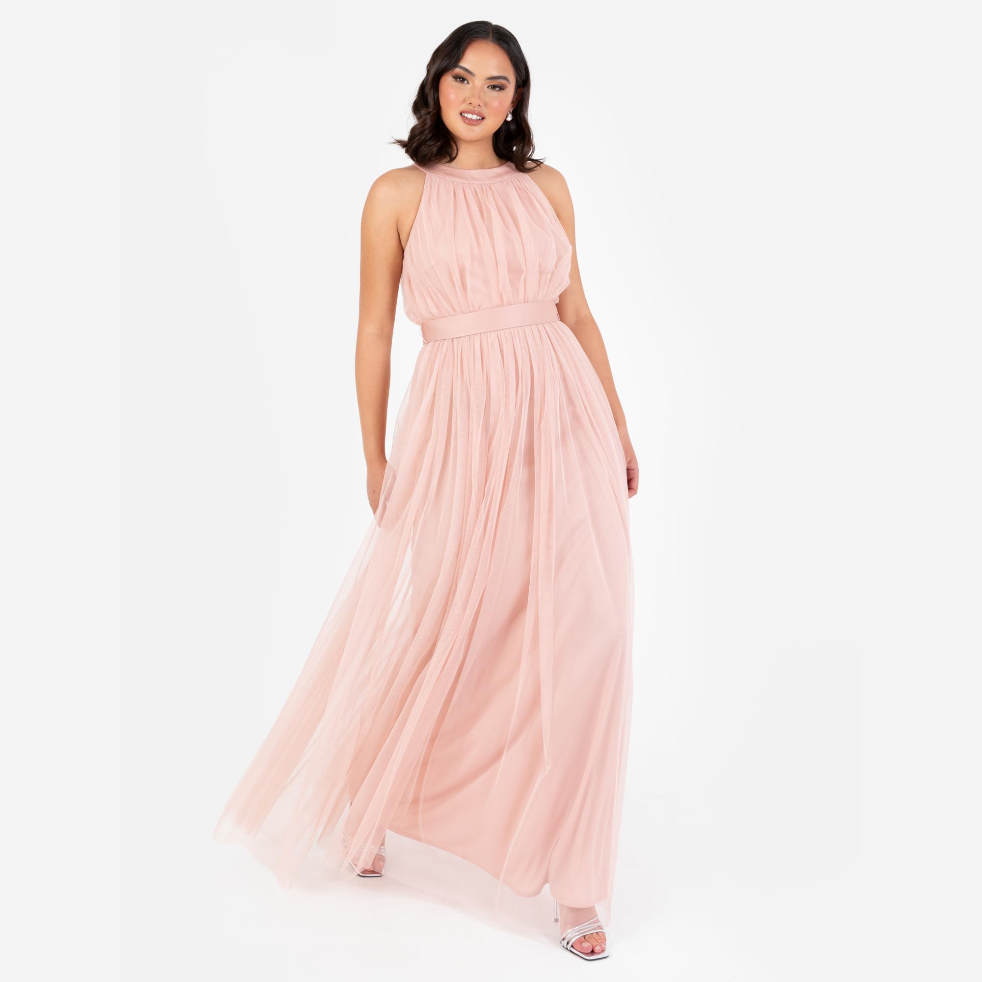 Anaya with Love Damska sukienka maxi dla kobiet Halter Neck długi rękaw z paskiem Linia Wieczorna Piłka Nożna Prom Wesele Gość Druhna, Jasnobrzoskwiniowy róż 46, Blush Peach, 44