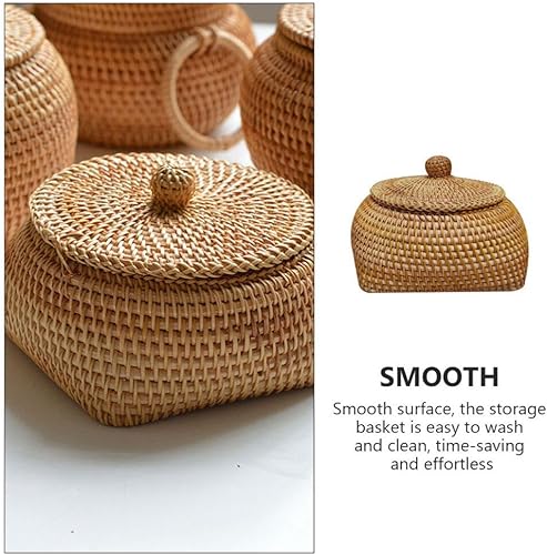 Miniatura 5 de Zerodeko Cesta de almacenamiento redonda de ratán con tapa, cesta para servir pan de frutas, caja de almacenamiento tejida a mano, cesta de huevos,