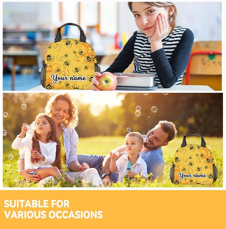 Miniatura 2 de CUSPCOD Bolsas de almuerzo personalizadas con abeja, bolsa de almuerzo Bento reutilizable con correa para el hombro y bolsillos, pequeña lonchera