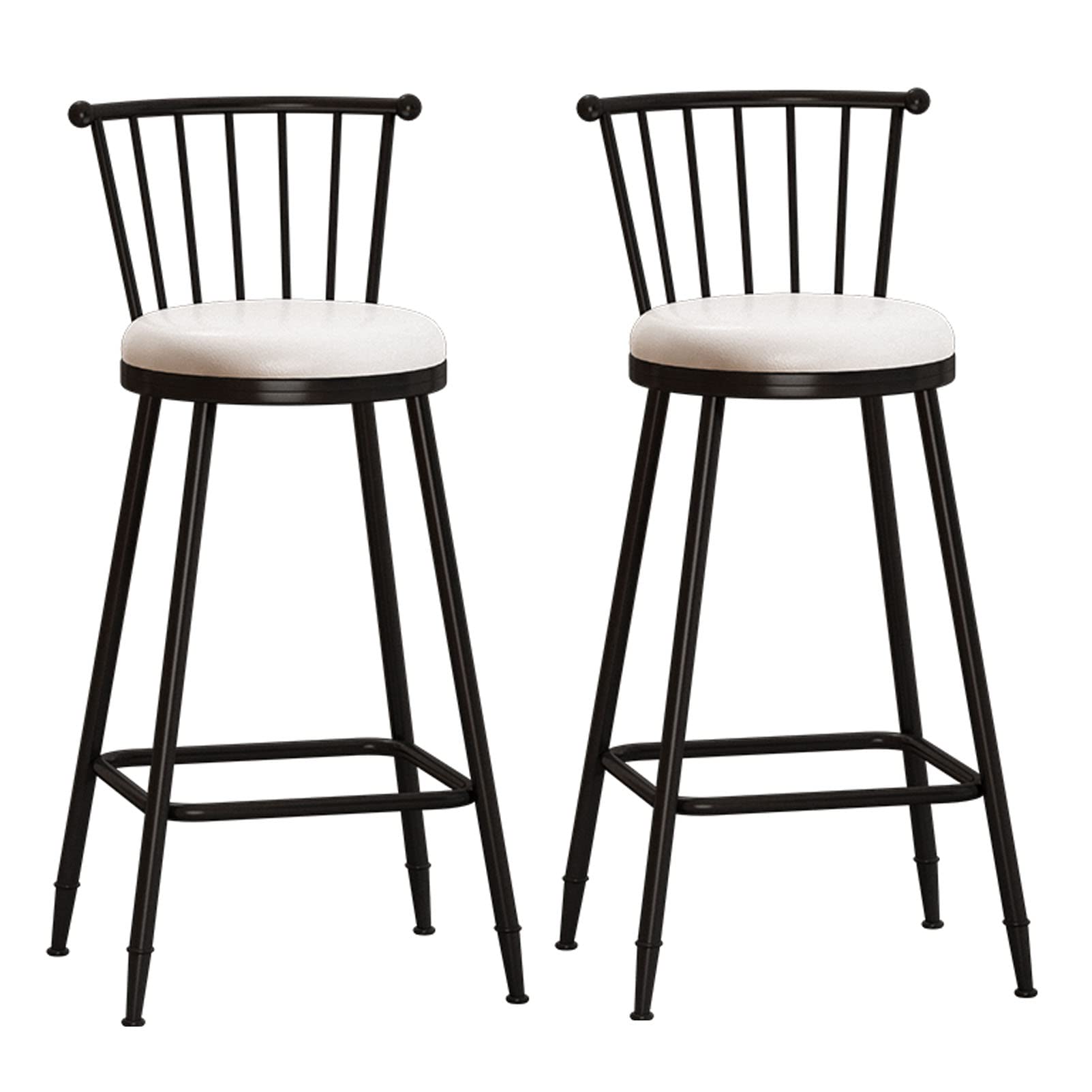 KLZUOPT Luxury Barstool Faux Leather High Bar Stool Breakfast Stool with Backrest Black Metal Legs Counter Chair for Pub, Bar, Restaurant or Home 2Pcs,White Cushion,75cm Sitting Height