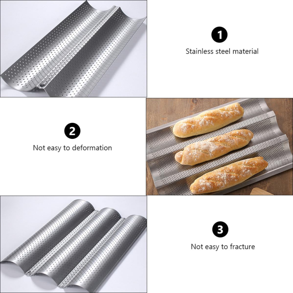 2 Moldes Perforados de Acero Inoxidable para Hornear Baguettes y Pan, Antiadherente, Fáciles de Limpiar, Paquete de 2 Piezas, Ideales para Panaderías y Reposterías