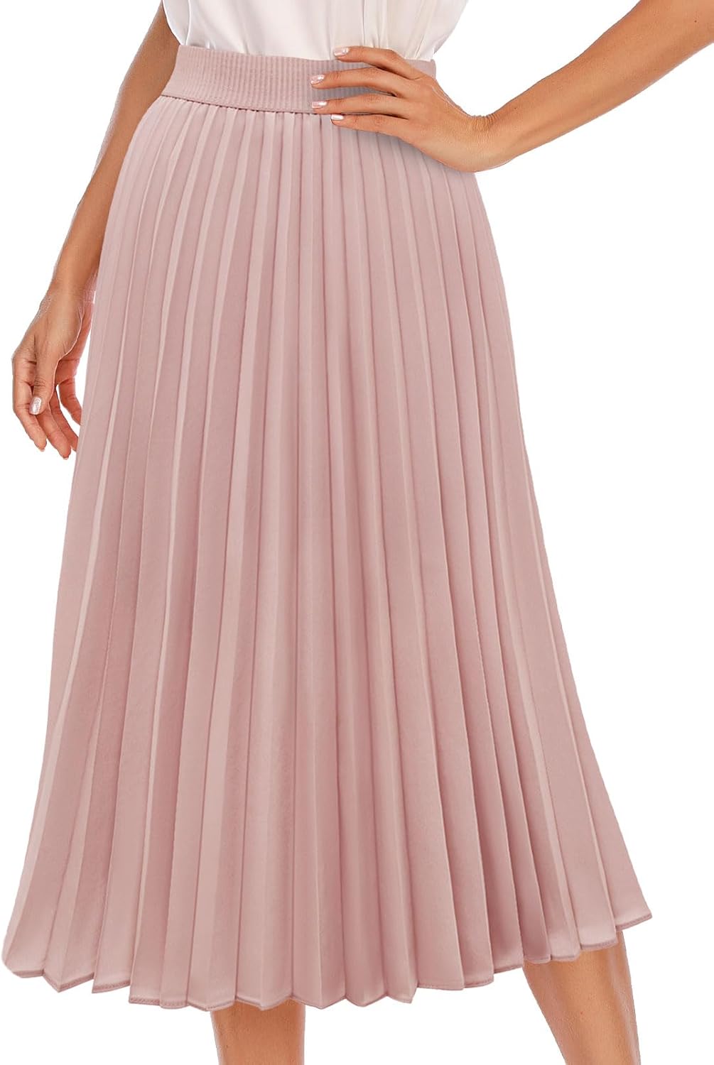 DRESSTELLS Pleated Midi Skirts for Women Long Aline Elastic High Waisted Chiffon Skirt