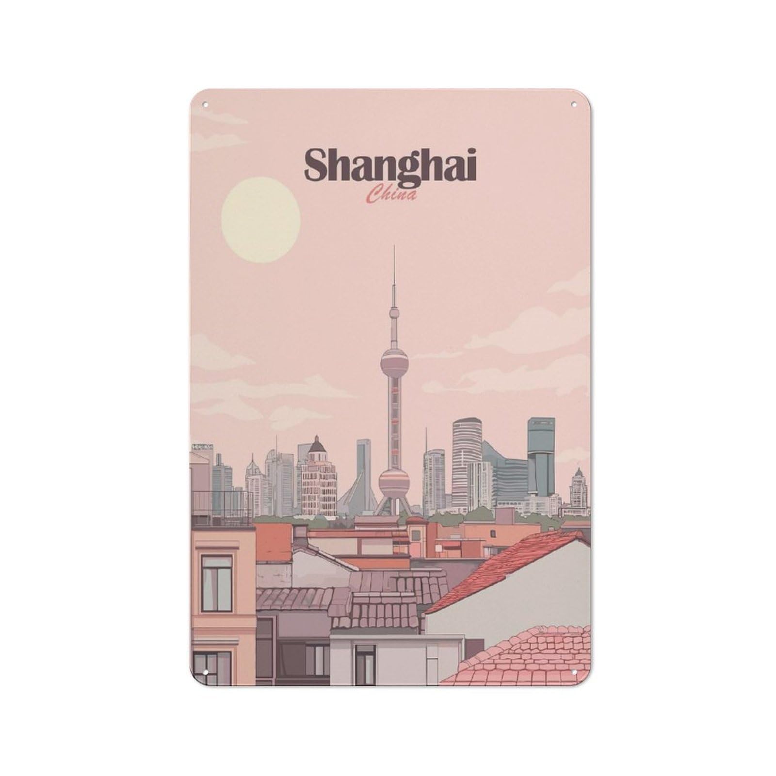 Junmoney Style-19 Tin Wall Plaque 30X20cm With Shanghai China Cityscape Illustration(2) For Hallway Wall, Suited To Hallway Decor Lovers, For Retro Home Interiors