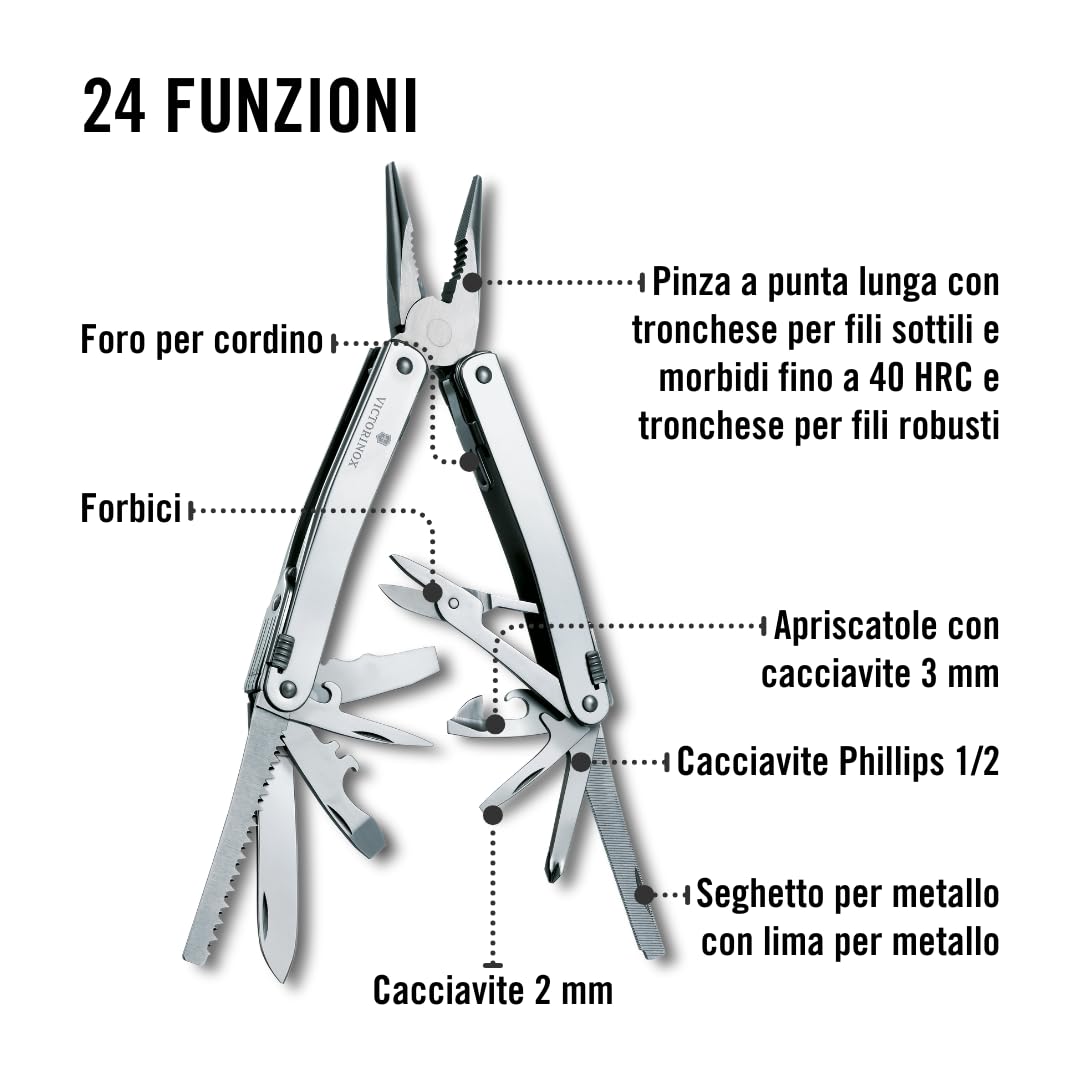 Victorinox Multi-strumento Swiss Tool Spirit X, 24 Funzioni, Multiuso con Lama Bloccabile e Pinze a Punta Lunga, incl. Fodero in Nylon, Argento