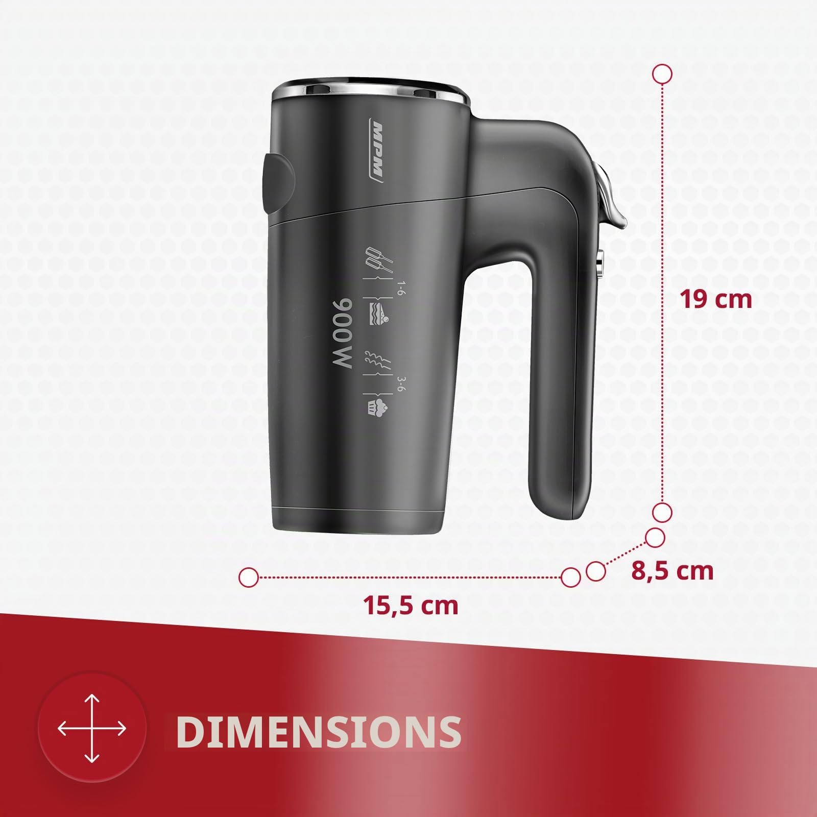 MPM Batteur à main avec 2 fouets et 2 crochets pétrisseurs - 6 vitesses avec bouton turbo - 900 W - Anthracite