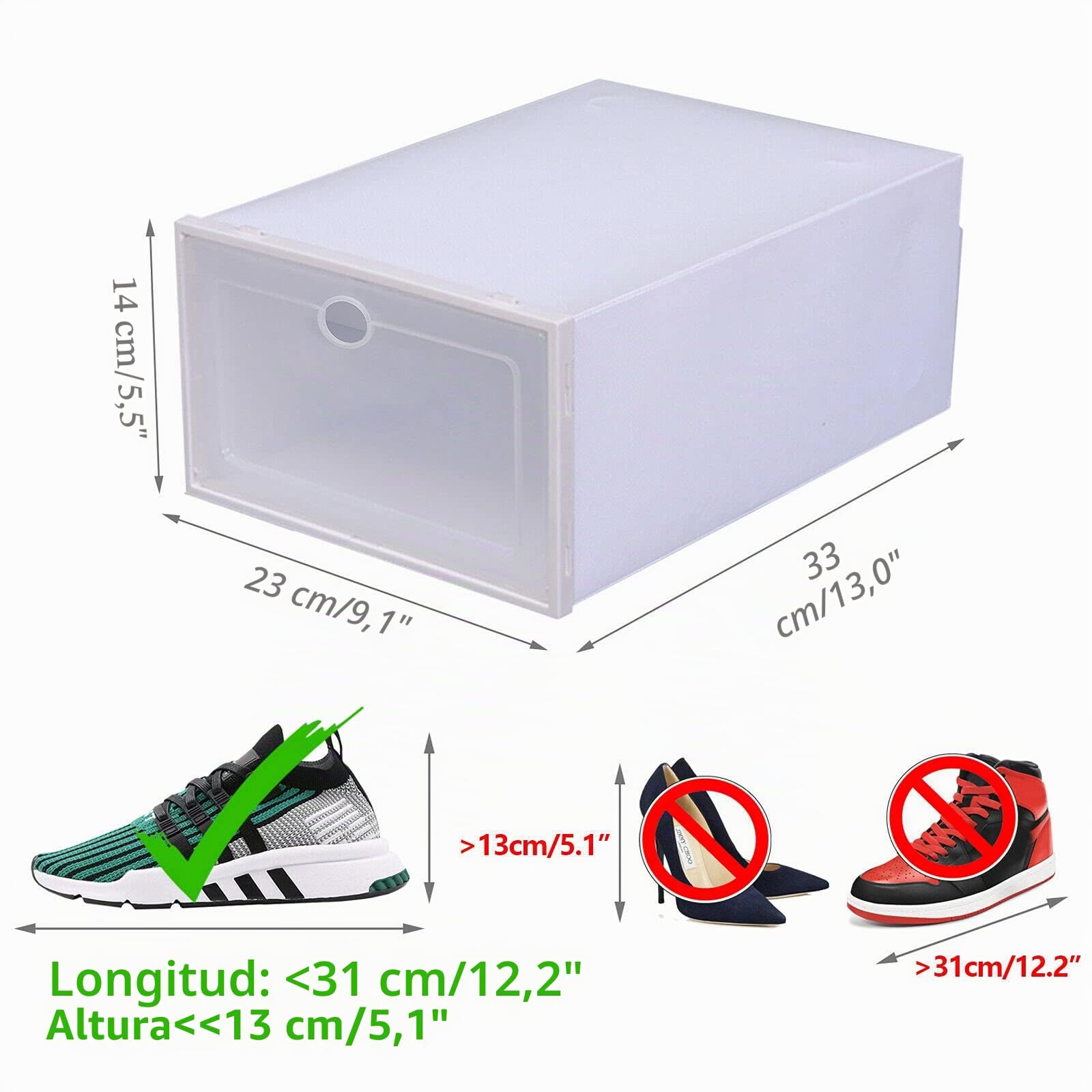 24 cajas para zapatos transparentes de plástico con tapa transparente, 33 × 23 × 14 cm, adecuadas para zapatos de mujer, hombre, niños