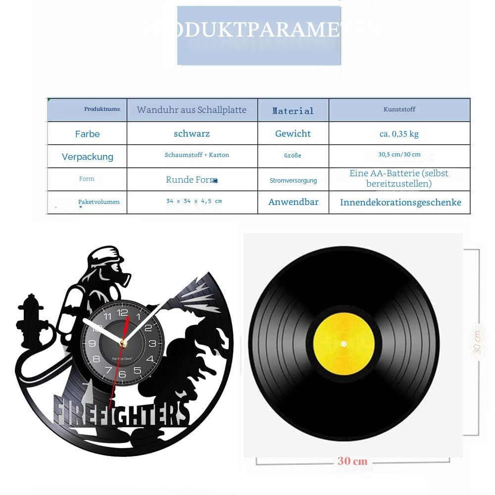 Vinyl-Wanduhr, Feuerwehrmann-Motiv mit LED-Nachtlichtfunktion, stille Heimdekoration, Geschenk (mit Licht)