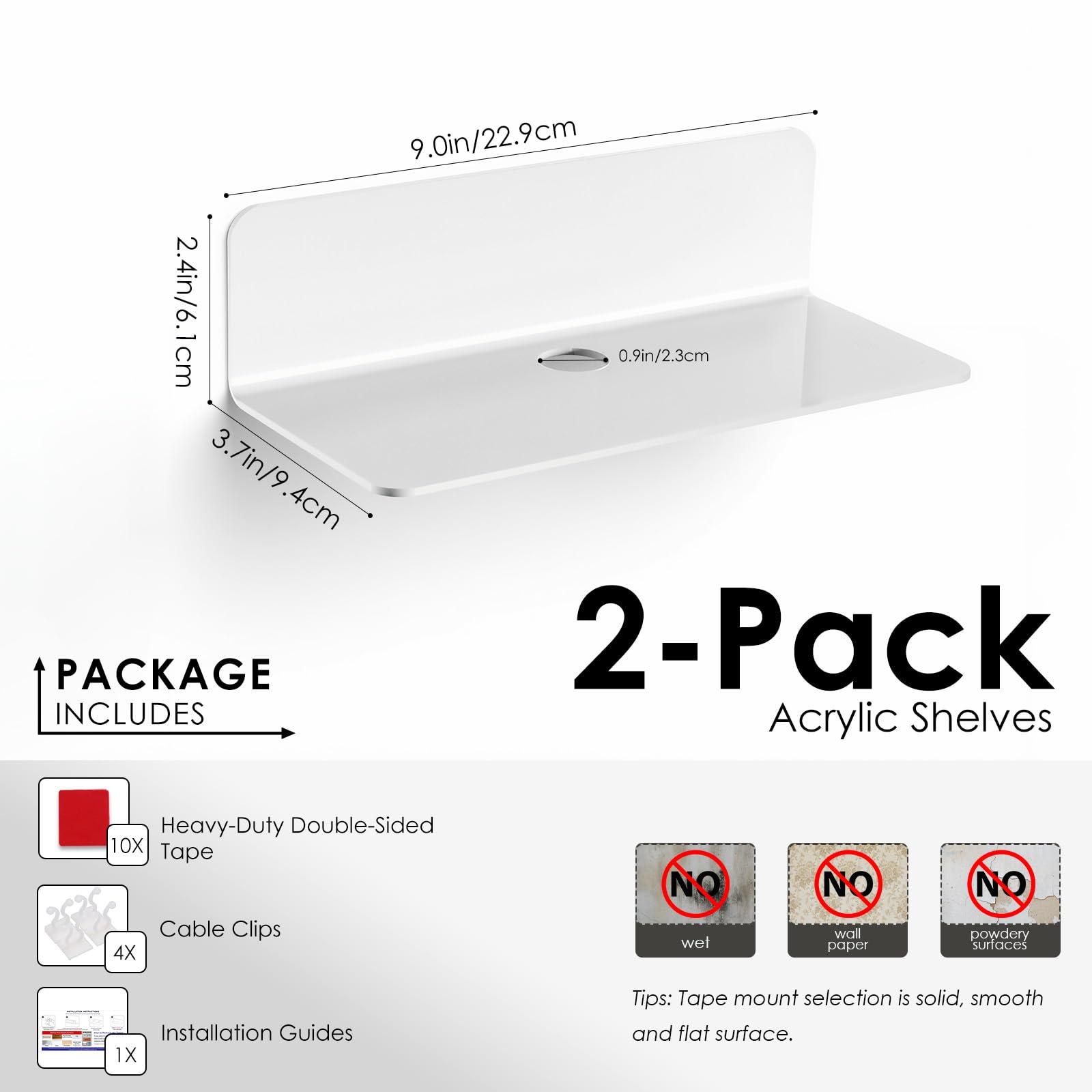 OAPRIRE Estanteria Pared Blanca Juego de 2, 23cm Baldas Pared Sin Agujeros de Acrílico con Clips Cables para Dormitorio, Baño, Cocina, Sala de Estar, Oficina, Amplíe Fácilmente El Espacio de la Pared