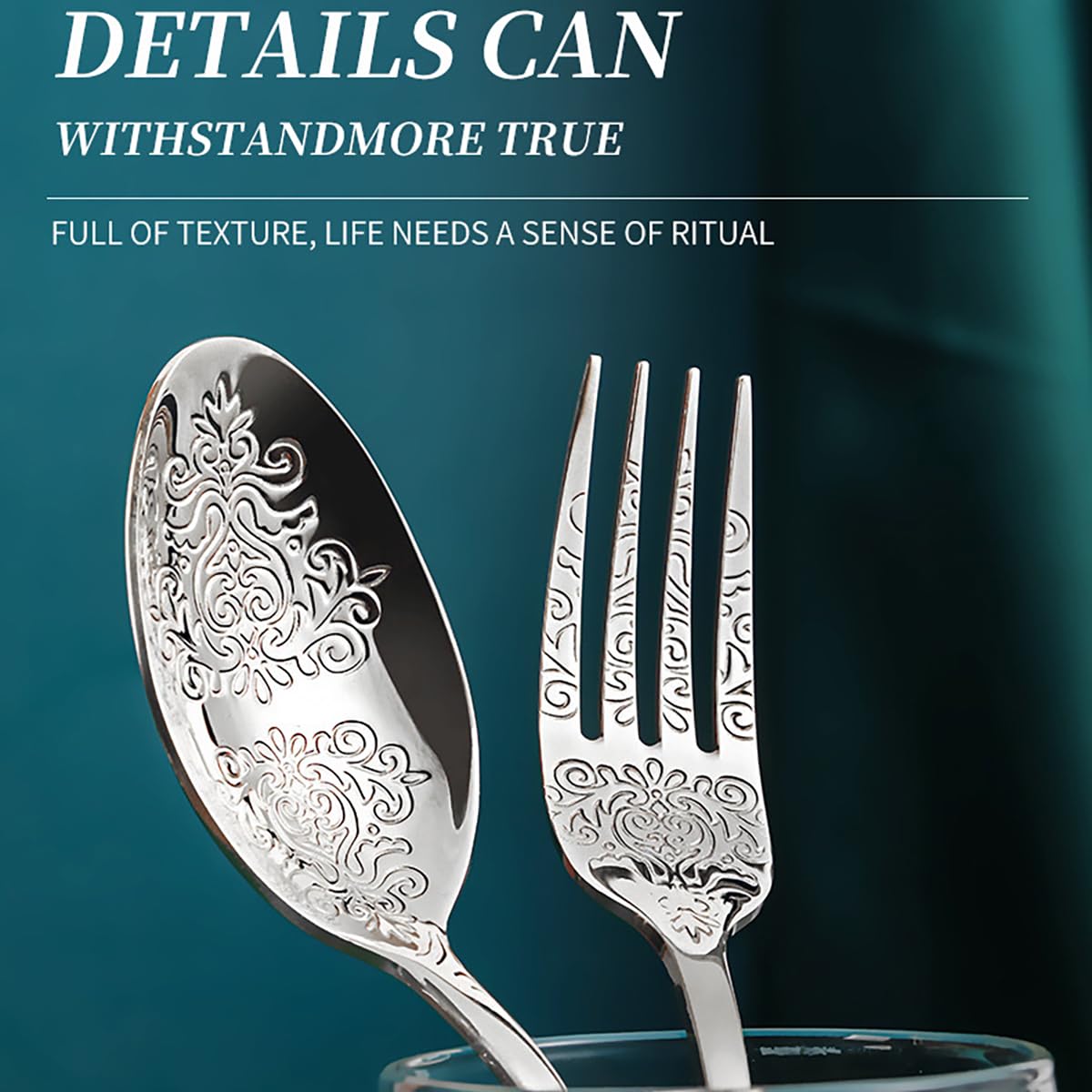 IKXO Silverware Set 24 Piece Stainless Steel Silver Flatware Set for 6, Silver Tableware Set with Vintage Carving, Cutlery Set Great for Family Gatherings & Daily Use