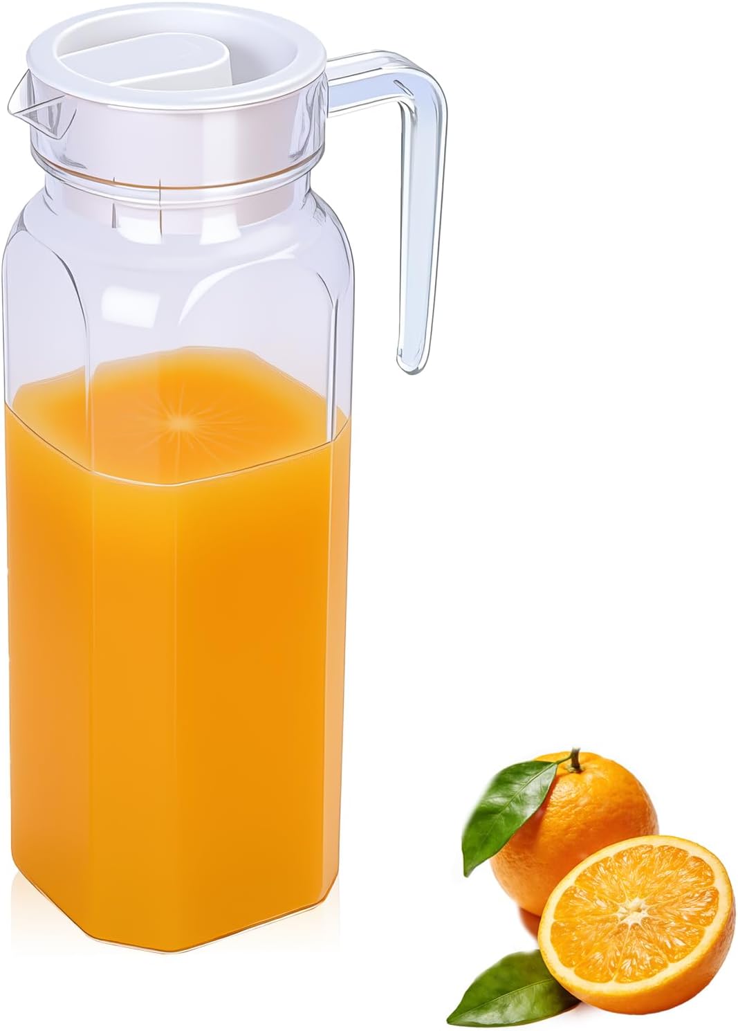 Plastic Juice Pitcher with Lids, 1300ml Large Capacity, Unbreakable & Bpa-Free Water Pitcher for Tea, Lemonade, Sangria, Juice, Beverages (square design)