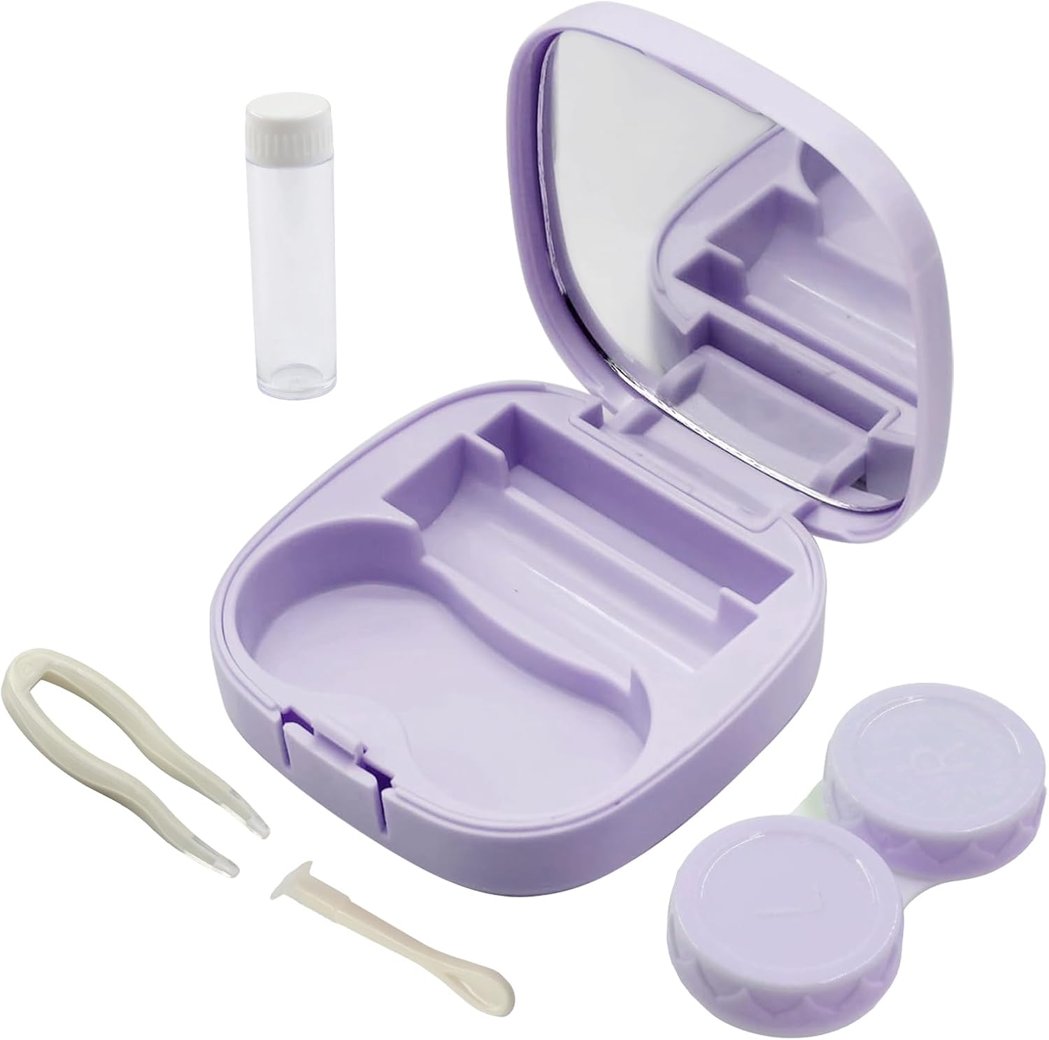 Contact Lens Case Travel Kit with Mirror and Remover Tool, Leakproof Portable Solution Bottle and Tweezers, Essential Eye Care Set for Daily Use (Purple)