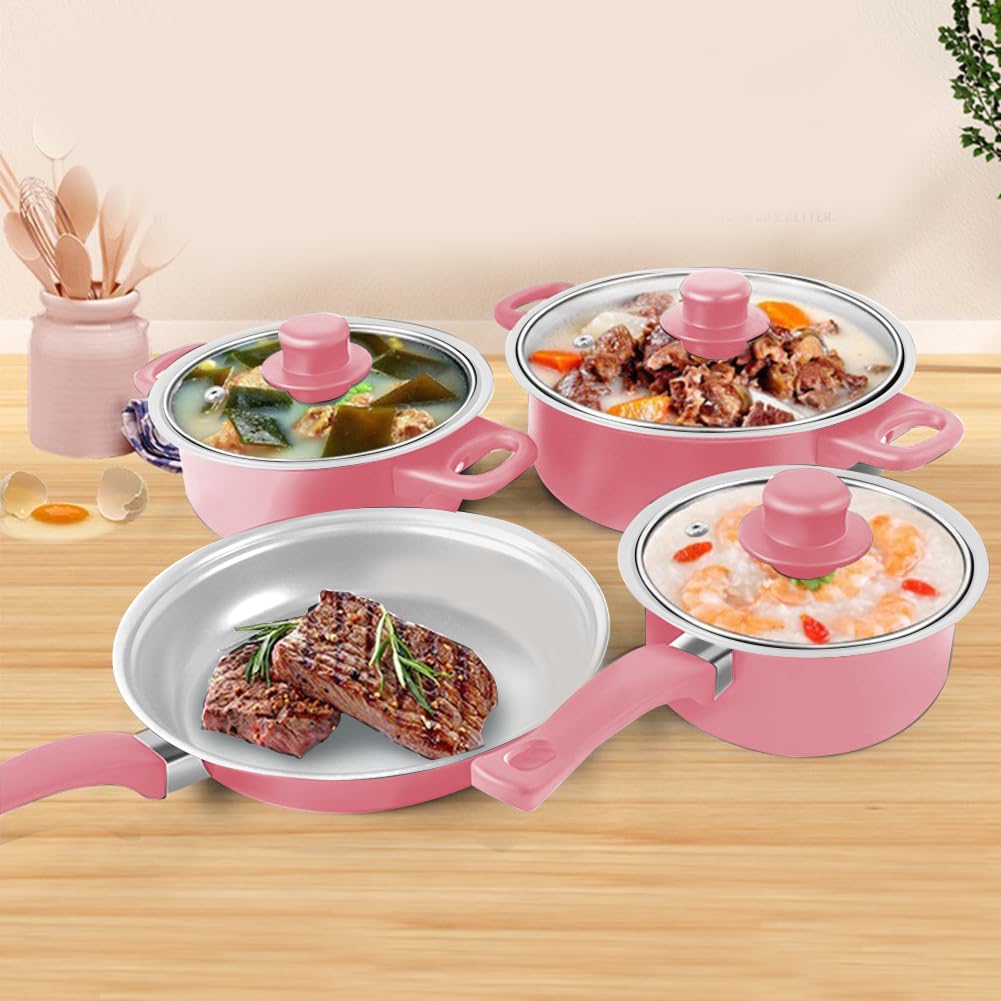 Juego de 12 utensilios de cocina antiadherentes con tapa para todo tipo de fuegos (rosa)