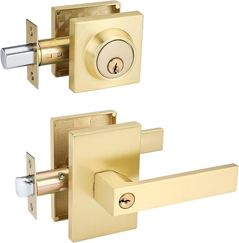 Miniatura 8 de goldenwarm Keyed Alike - Manija de puerta dorada con cerrojo, juego de cerraduras cuadradas de oro cepillado contemporáneo con cerrojo de seguridad,