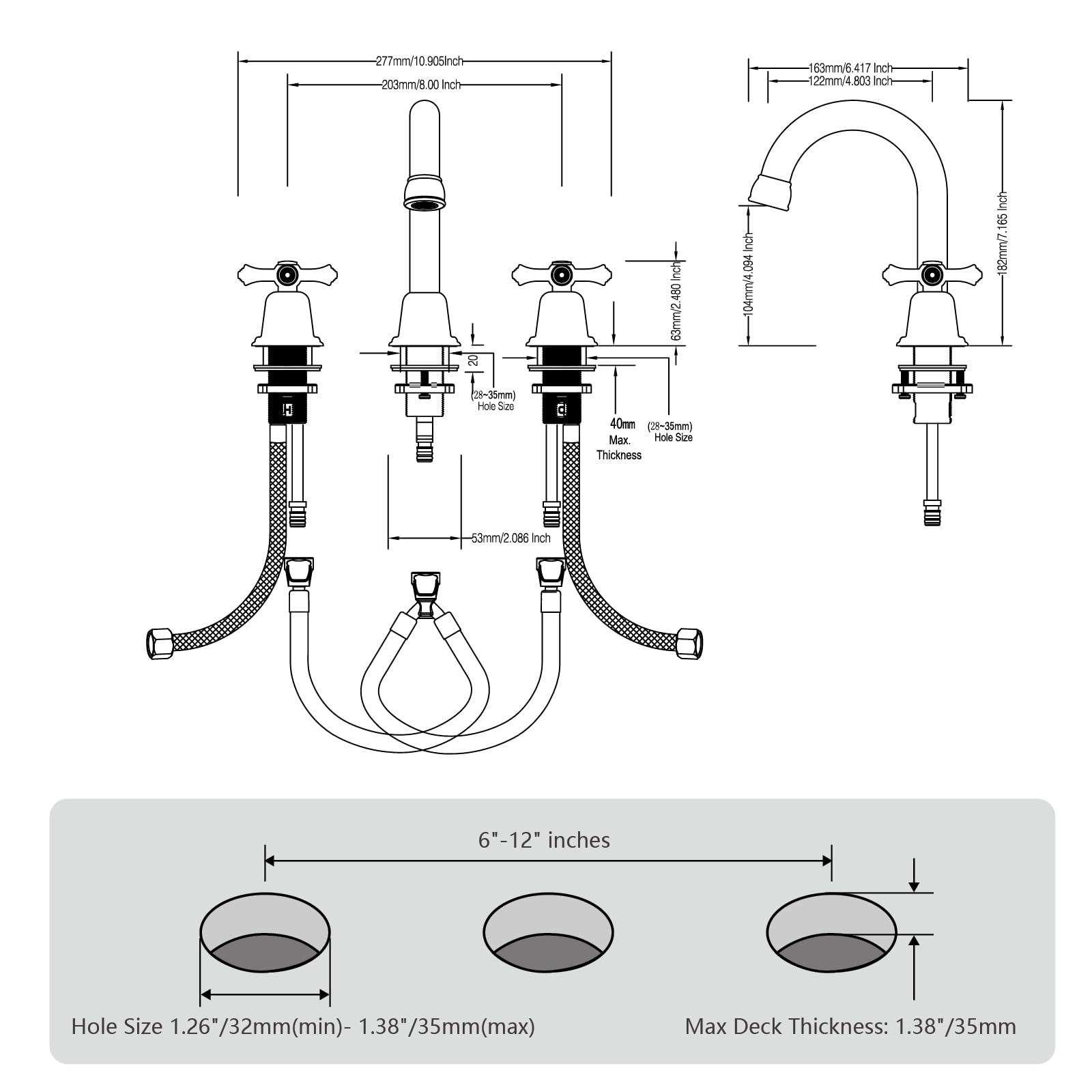 RKF CWF039-MB - Grifos de baño para fregadero de 3 agujeros, color negro mate, 8 pulgadas, llave de fregadero de baño generalizada con desagüe, 2 asas, pomos cruzados, grifo mezclador para lavabo con