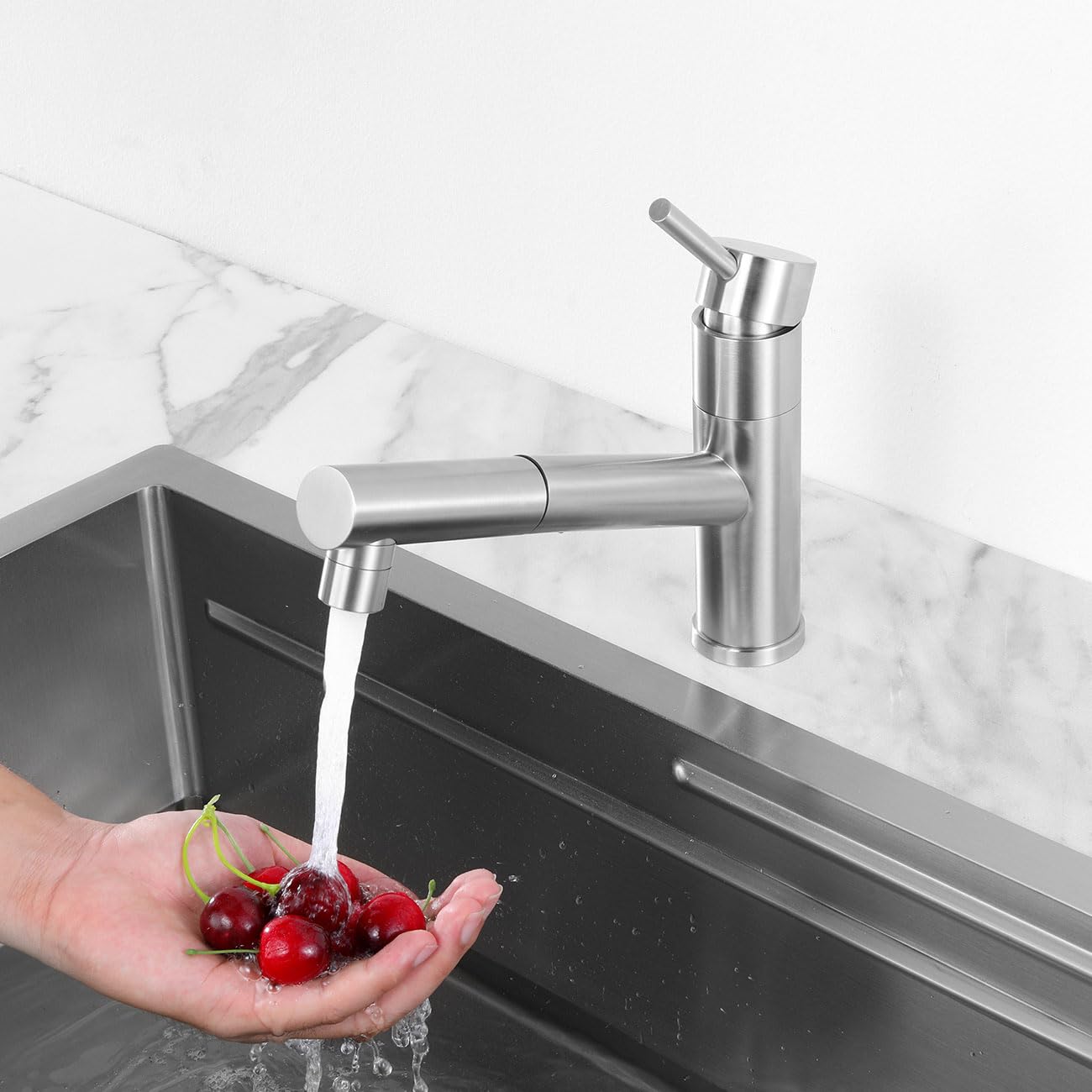 Grifo de Cocina Extraible con Ducha de 2 Modo, Grifería de Fregadero | Giratorio a 150​°, Mezclador Monomando Acero Inoxidable 304, Aireador Extraíble, Agua Fría y Caliente, Cepillado