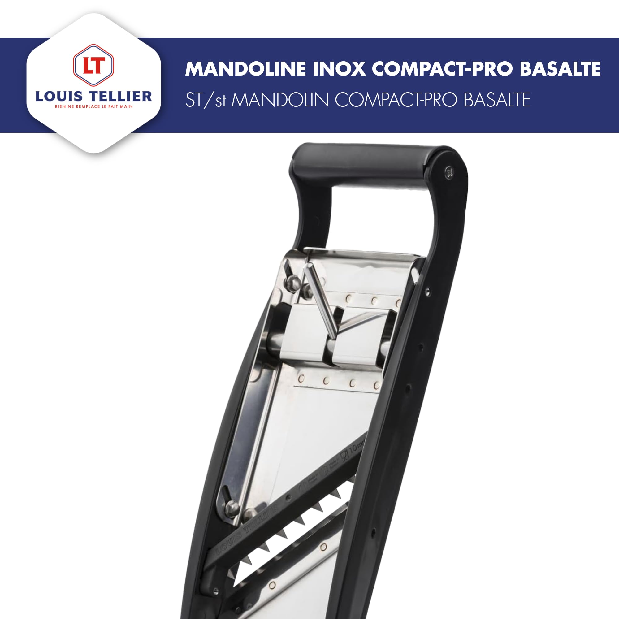 LOUIS TELLIER | Profi-Gemüsehobel aus Edelstahl Compact-Pro Basalt mit Ergonomischem Schieber | Obst- und Gemüseschneider und Frites und Juliennes | Dicke verstellbar | Made in France