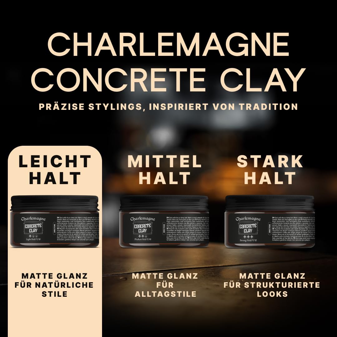 Charlemagne Concrete Clay Pomade - 100 ml, 1er Pack - Licht Halt Pomade Herren - Fettfreie Textur mit Haarclay - Mattes Finish Haarwachs - Made in Germany