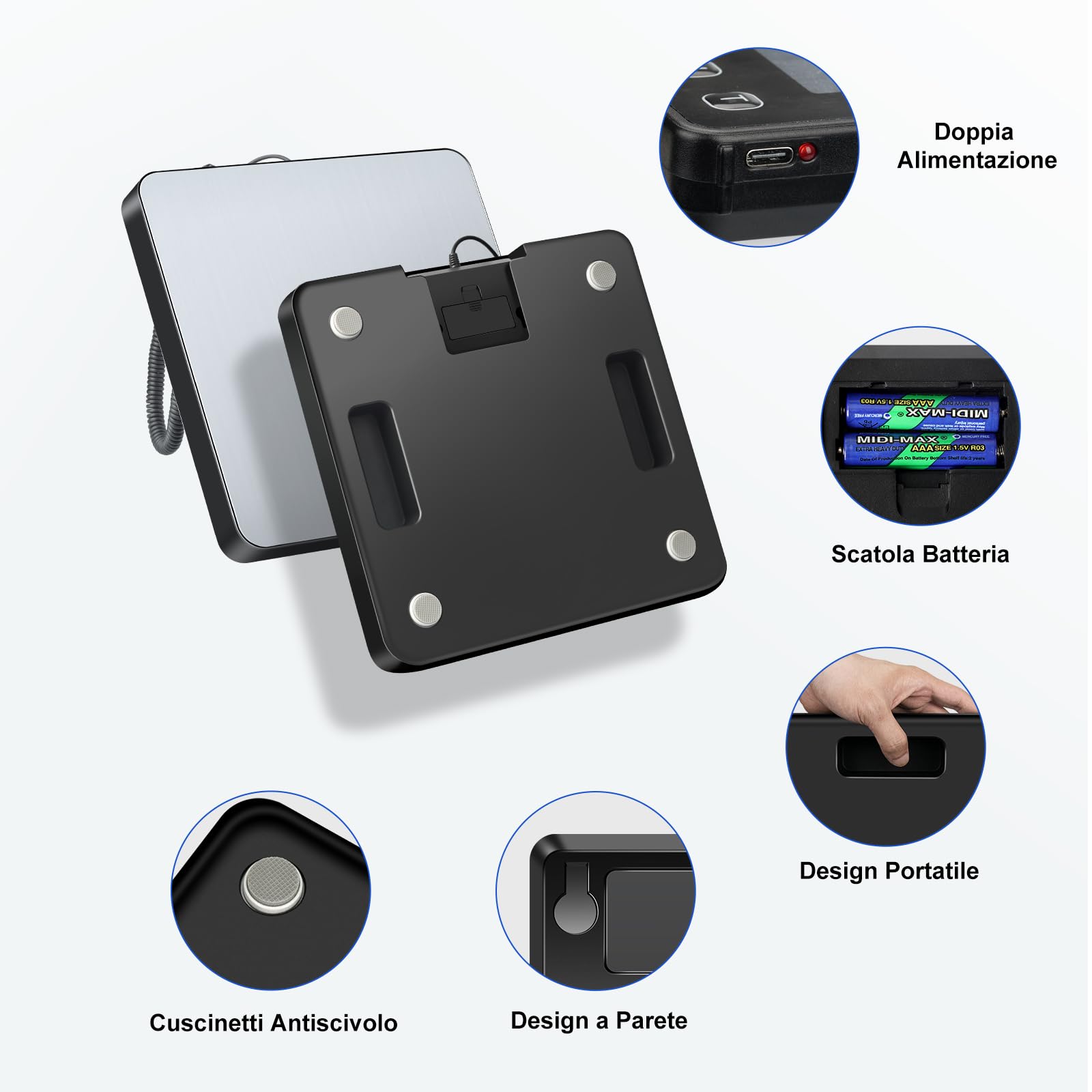 Bilancia Professionale 200kg/10g Alta Precisione Hold Tara Display LCD Montato a Parete per Pacchi e Bagagli Incluse 2 Batterie e Cavo di Ricarica