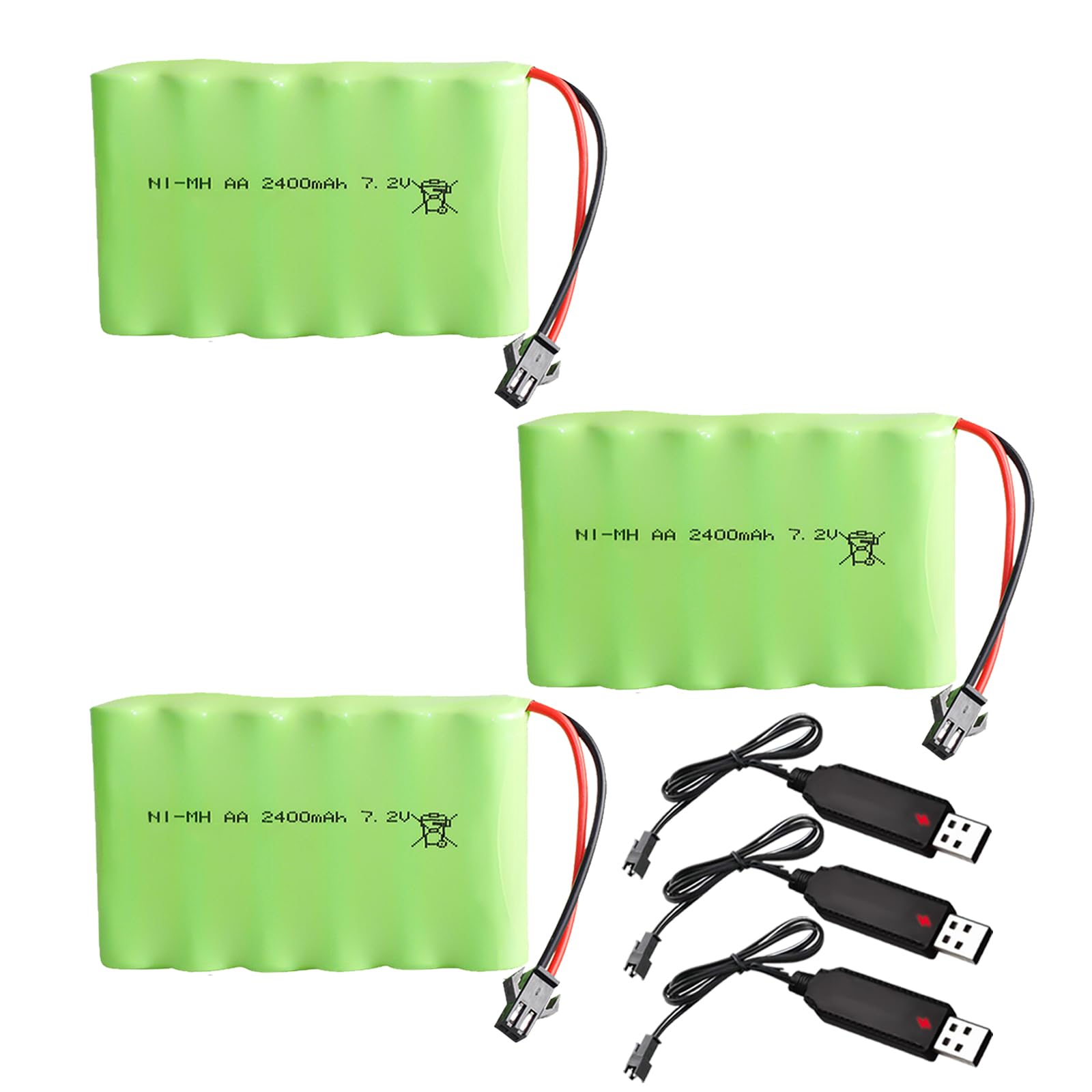 3Pcs Batería Recargable de Repuesto RC NI-MH AA de 7.2V 2400mAh con Cable Cargador USB SM-2P para Juguetes, Drones, Accesorios de Coche con Control Remoto