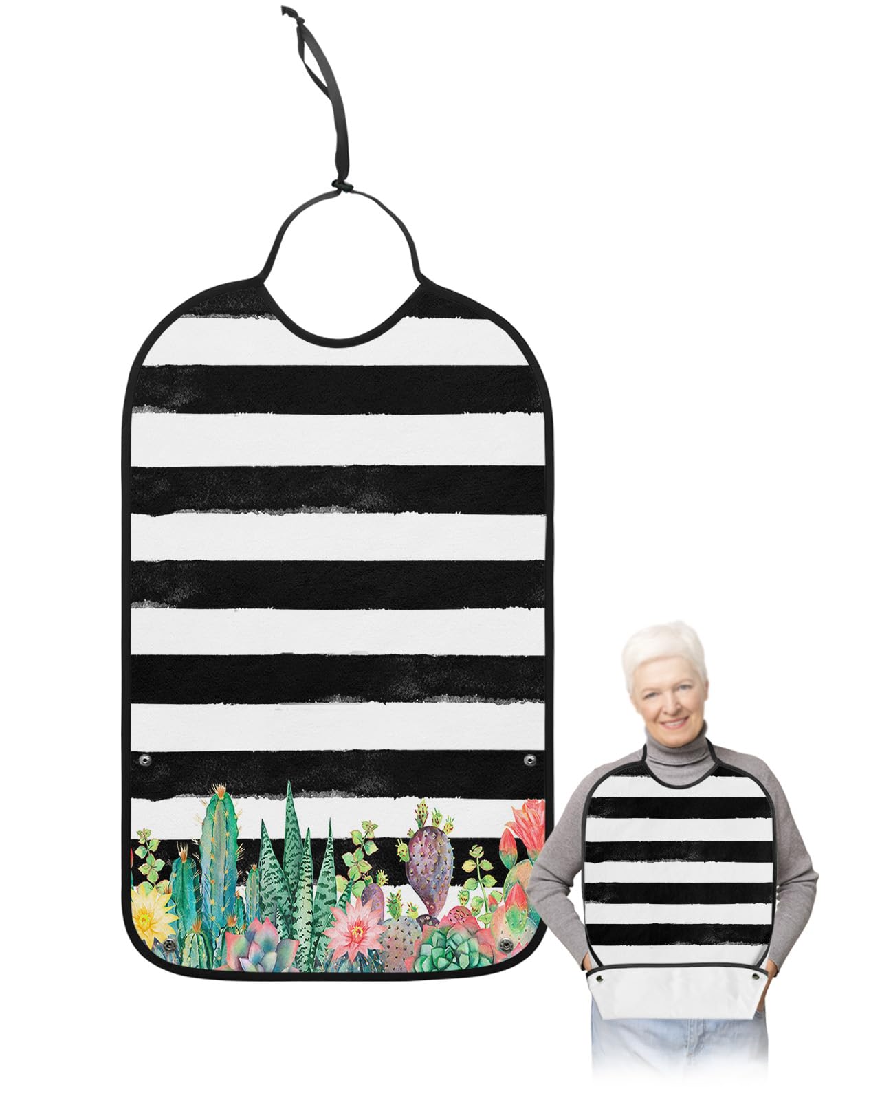 LEOKOTI Summer Tropical Cactus Adult Bibs for Eating, Waterproof Bibs with Food Catcher & Adjustable Snap Closure, Black White Striped Washable Clothing Protectors Adult Bibs for Elderly Women/Men