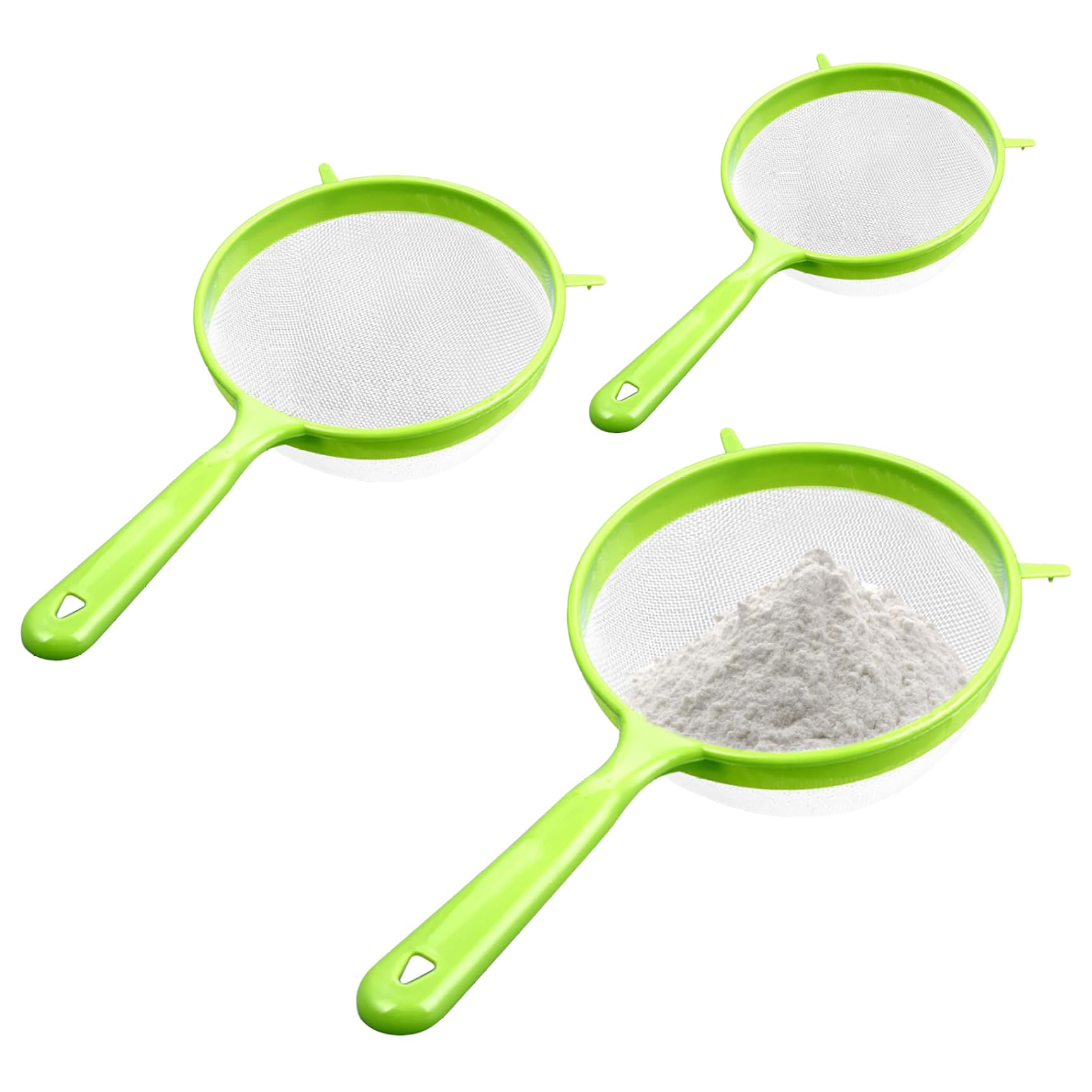 Wedhapy Sieves for Cooking Kitchen Sieve, 3 Sizes (3/4/5" dia.) Fine Mesh Sieves for Cooking, Plastic Handled Strainer for Flour Food Washing Draining Pasta Green