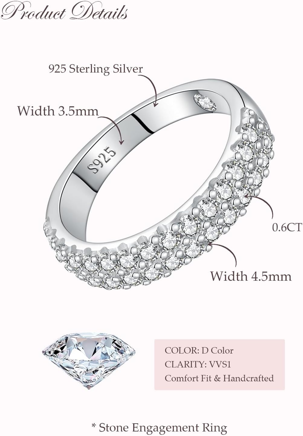 Wedding Engagement Gift for Wife, Double Row Moissanite Wedding Band for Women D Color VVS1 Eternity Ring, White Gold Plated S925 Sterling Silver Comfort Fit Bridal Band Hypoallergenic