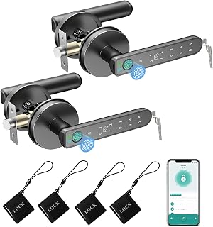 Fingerprint Door Lock, 5 in 1 Smart Door Knob with Smart APP/Fingerprint/IC Cards/Password/Backup Keys, Finger Print Door Knob with Keypad for Bedroom, Office, Apartment, Black, 2 Pack
