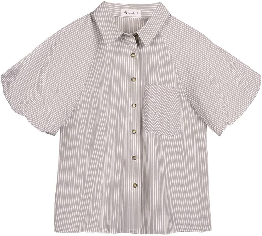 Women's Puff Sleeve Striped Button Down Shirts Summer Dressy Casual Loose Fit Shirt