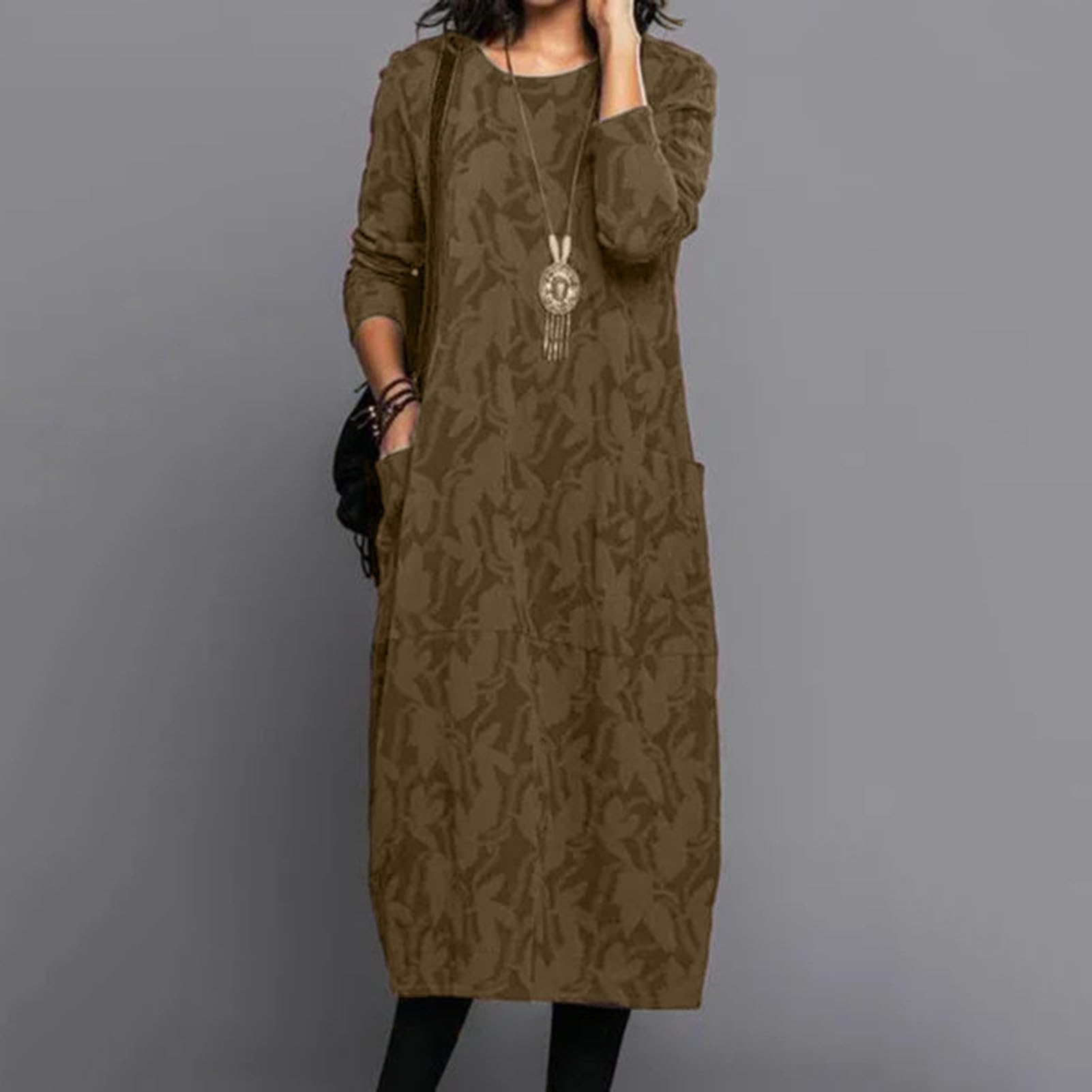 Vestido midi floral de manga larga con cuello redondo, para primavera y otoño, vestido suelto a media pantorrilla con bolsillos laterales, elegante atuendo con estampado floral para mujer, uso diario