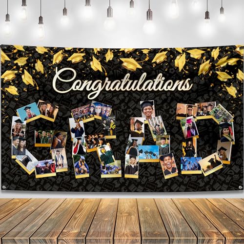 Image of KatchOn, Congratulations Graduation Photo Banner - Xtralarge, 72x44 Inch | Personalized Grad Photo Banner | Black and Gold Congratulations Grad Backdrop | 2026 Graduation Decorations