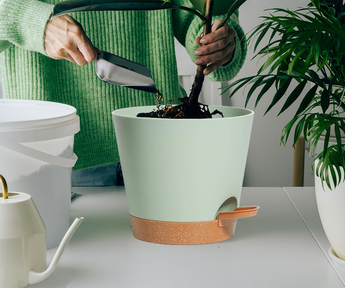 SUN-E Pflanzentöpfe, selbstbewässernde Pflanzgefäße mit Drainageloch 30.5+30.5CM Grüne Plastikblumentöpfe, Pflanzgefäße für alle Zimmerpflanzen, afrikanische Veilchen, Blumen, Kakteen 2Stk/Set