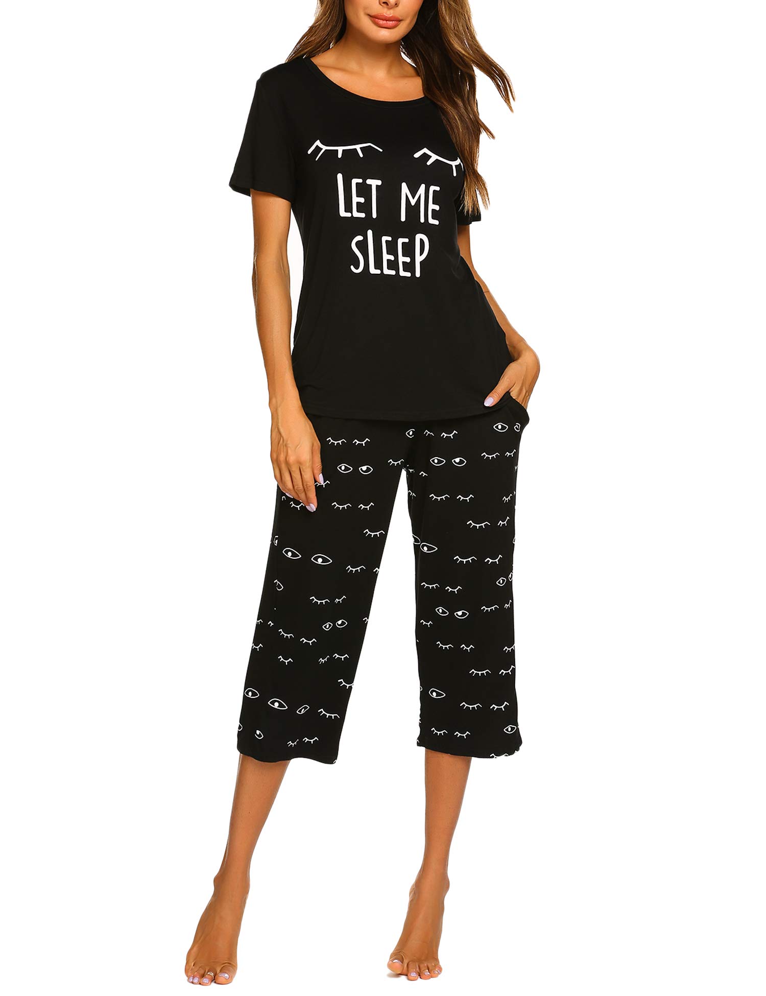 MAXMODAWomen's Pajama Set Short Sleeve Printed Sleepwear Tops with Capri Pants Pocket Pjs