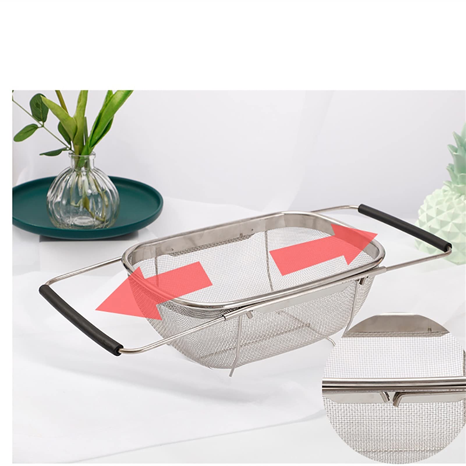 Colador Cesta de drenaje retráctil Casas de goma Manija de agarre de acero inoxidable Oval Colador Fregadero Hortalizaje Drenaje Rack Drenaje Lavado Fregadero Talleador Coladores de Alimentos