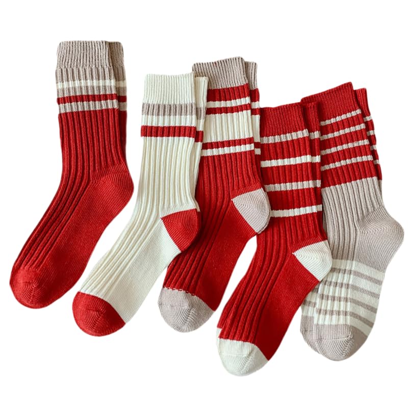 5/10 Pairs Striped Socks for Women, Green & Red Striped for Christmas and New Year, Athletic Running Socks Crew socks