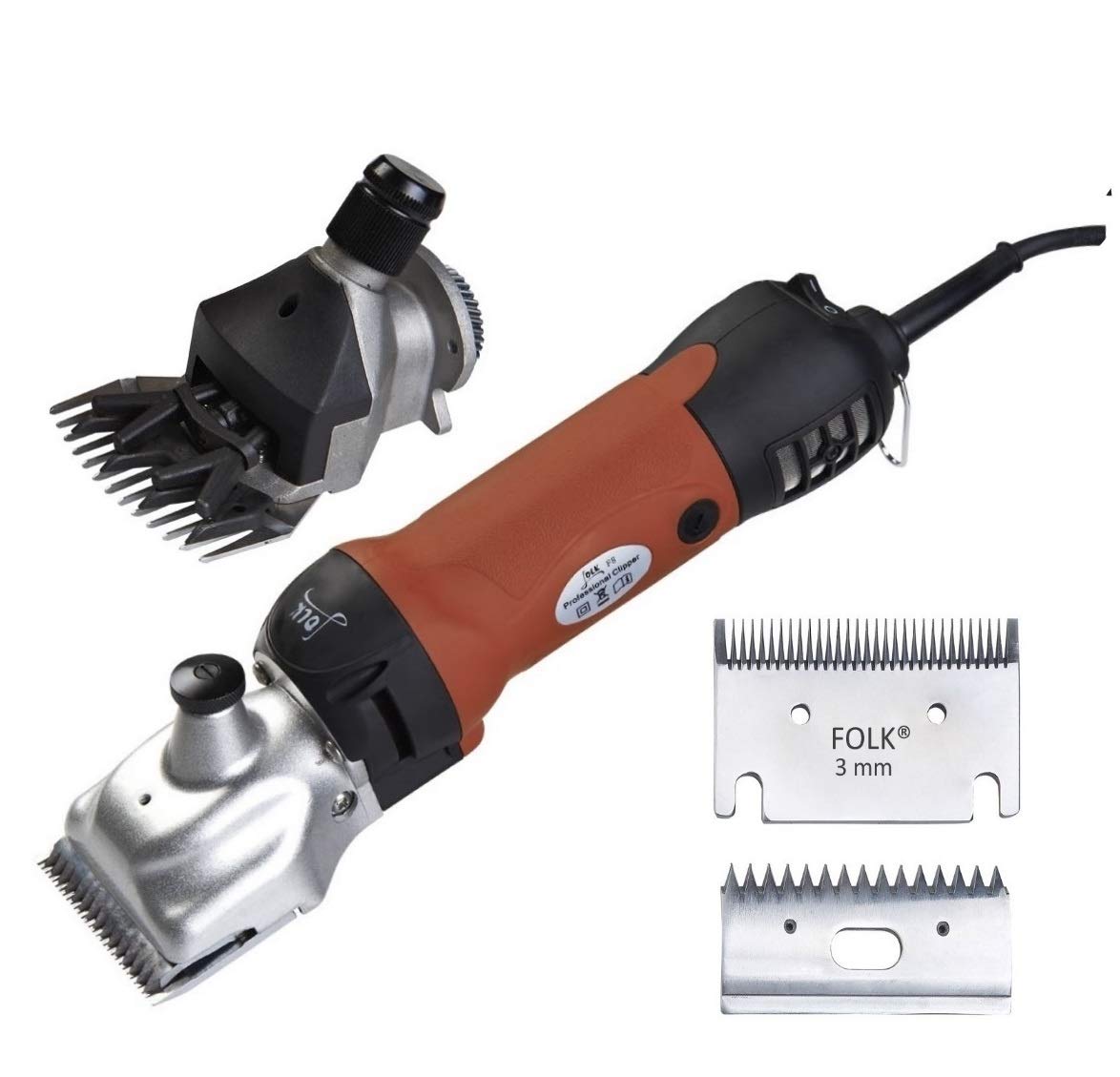 Folk Esquiladora Profesional 500W Modelo FL6, 2 en 1 Doble Cabezal Lana y Pelo, peladora Caballos, ovejas, Perros, mulos, Burro, Vaca, Universal (C - Más 1 Kit de Cuchillas Extras 3 mm)