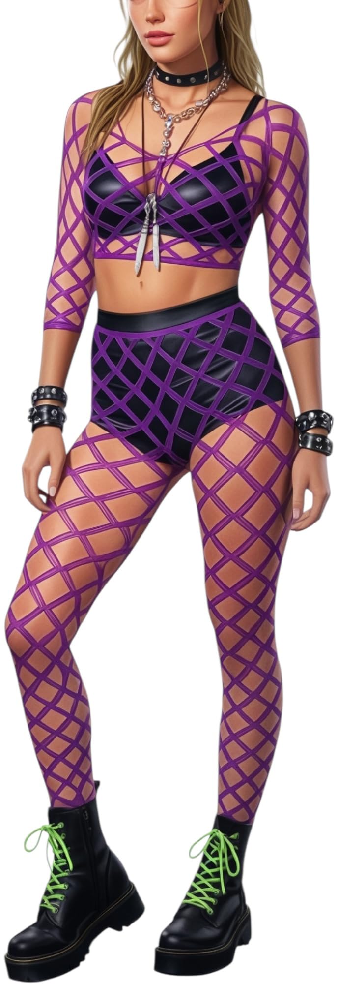 ToBeInStyle Women's Spandex Multi Net Fishnet Set Rave Novelty Party Crop Top &amp; Tights