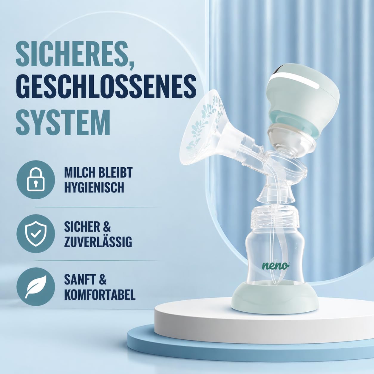 NENO Angelo Milchpumpe Elektrisch Milch Pumpe Kabellos Muttermilch Abpumpen | mit Elektrischer Brustpumpe - Dreiphasen – mit 2 Milchbeuteln & Sauger – 9 Modi & 9 Stufen – BPA-frei