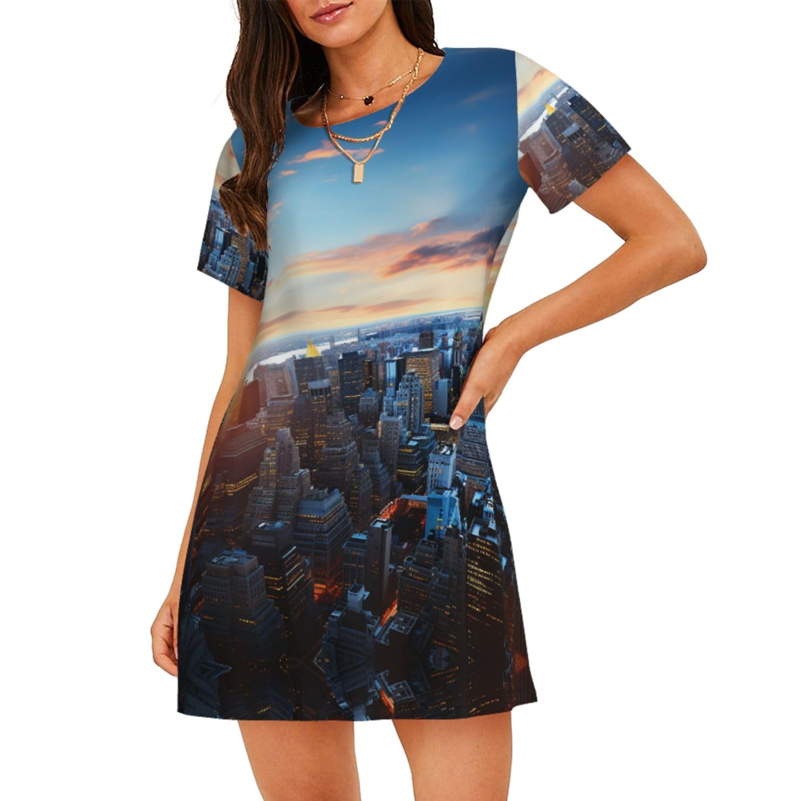 ALLiYa New York City Skyline Women'S Short-Sleeved Nightdress Summer Family Casual Essentials Dress Home Clothes Black