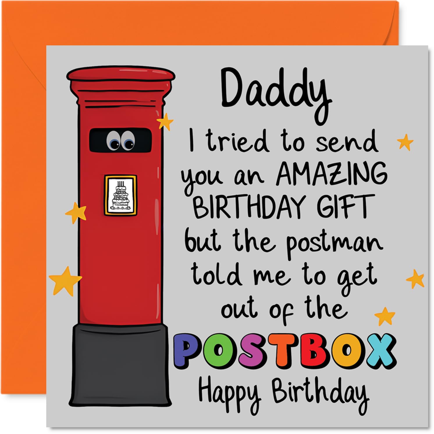 Playful Birthday Card for Daddy - Postbox Giggles for Daddy - Cartoon Design with Googly-eyed Letterbox and Stars - A Cheeky Wish for His Big Day - 145mm Square, Envelope Included