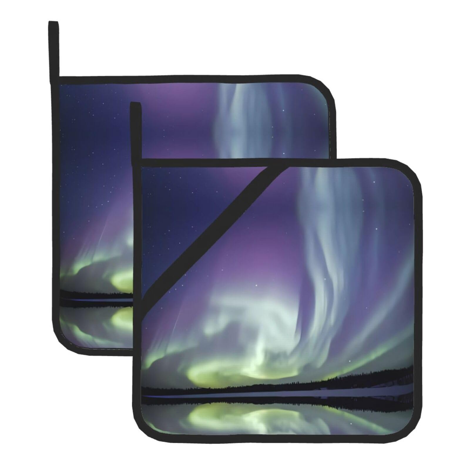 HJFCZH aurora Prints Square Hot Pads for Kitchen - Waterproof Heat Resistant Potholders, Thick Trivet Covers with Hanging Loops, Oven & Grill Dish Protectors (2-Pack)