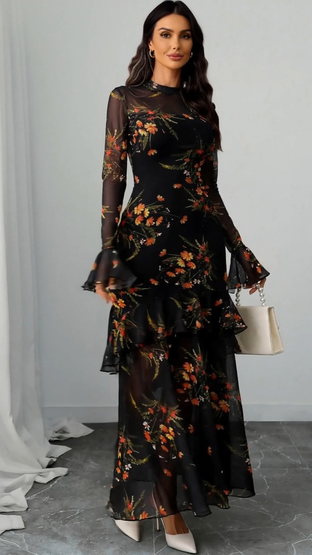 floral maxi dress with sleeves GothDark Womens Bell Sleeve Tea Party Dresses Multicolor Size:XL/16-18 Floor length Ashtin Cross Front Knit black lycra mini dresses
