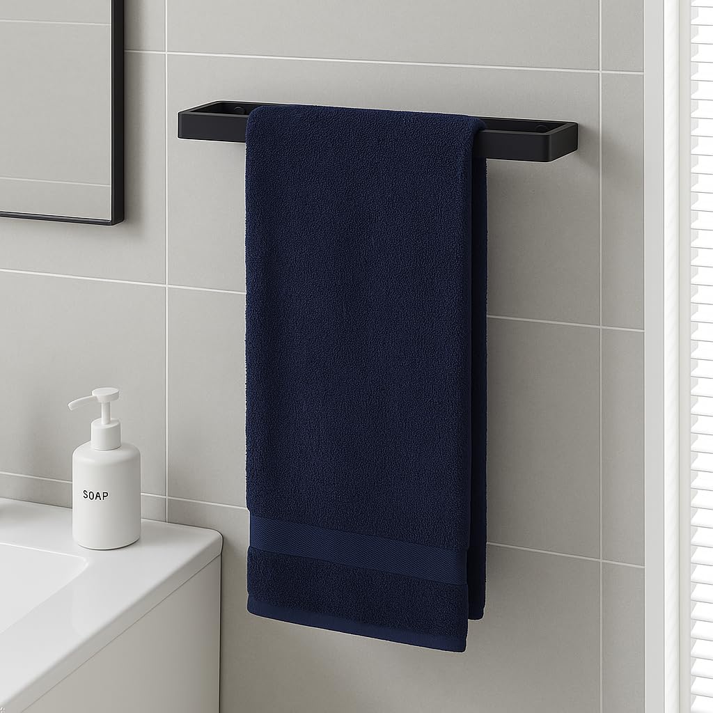 Wall Mounted Rectangle Towel Rail Black Stainless Steel Bathroom, Kitchen & Toilet Towel Holder, Horizontal or Vertical Fitting with Adhesive or Drill Mount (40CM)