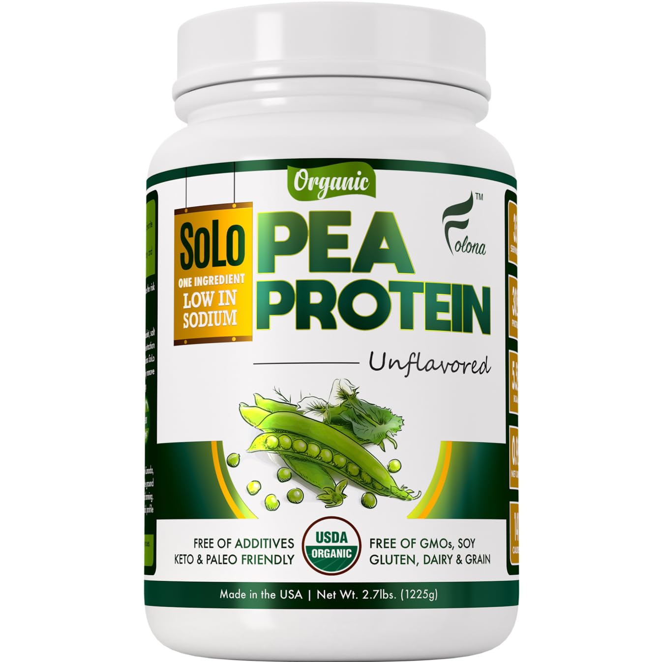 Solo Organic Pea Protein Isolate, Low in Sodium, Canada Grown Peas, 100% Vegan, Non-GMO, Unflavored Plant Based Protein Powder with BCAA, Keto & Paleo Friendly, Easy to Digest, No Additives (2.7 lbs)