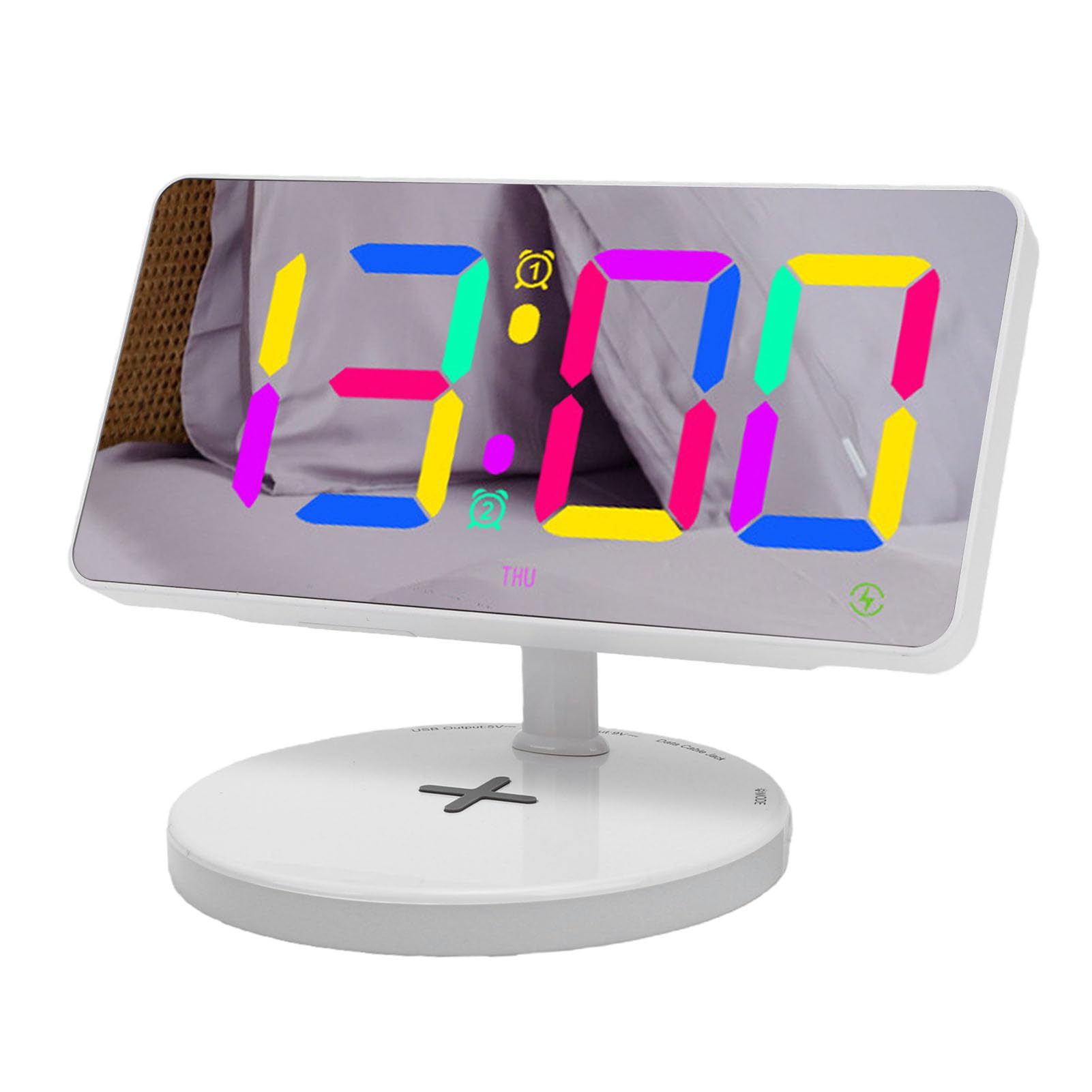 PUSOKEI Sveglia Digitale Sottile con Ampio Display, Superfici a Specchio, Orologi Elettronici a LED con Porte di Ricarica USB, luminosità Regolabile con Luci RGB per Camera da Letto (White)