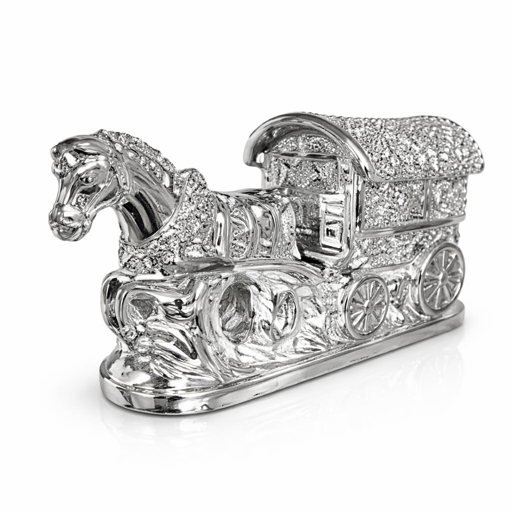 Segoy Silver Horse With Wagon Gypsy Crushed Diamond Carriage Ornament Shelf Sitter Bling - 30Cm