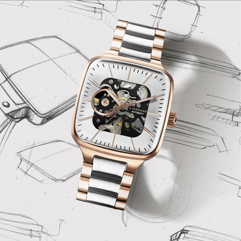 Image of Giordano Luxury Watch for Men - Automatic Skeleton Square Dial, Stainless Steel Strap, Premium Mechanical Movement